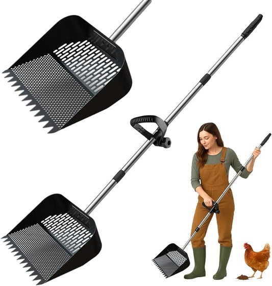 Chicken Shovel Poop Scooper & Rake 2-in-1,Metal Coop Scoop for Sand with 24"–63.7" Adjustable Stainless Steel Handle,Ergonomic Grip Litter Sifting Shovel for Pooper Cleaning,Farm-Honeycomb