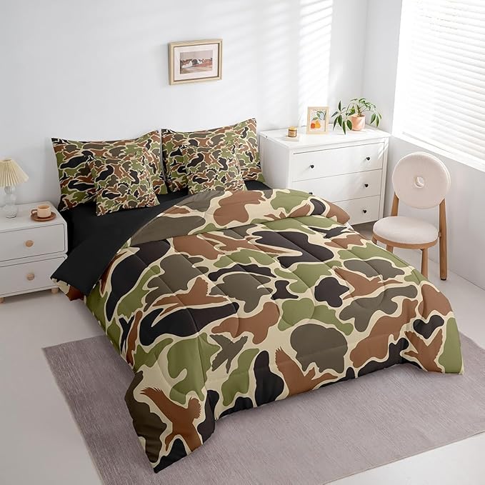 Feelyou Duck Hunter Green Camouflage Hunting 7 Pieces Bedding Set, Queen Size Black Brown All Season,Bed in a Bag with Comforter, Sheets, Pillowcases Camo Army Bed Set Breathable Wild Room Decor