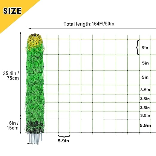Electric Fence Netting, 35.4" x 164' Portable Electric Net Fence for Goats, Sheep, Lambs, Hogs in Backyards, Farms, Ranches, Homesteads and Gardens,(14 Posts, 2 Spikes,Green)