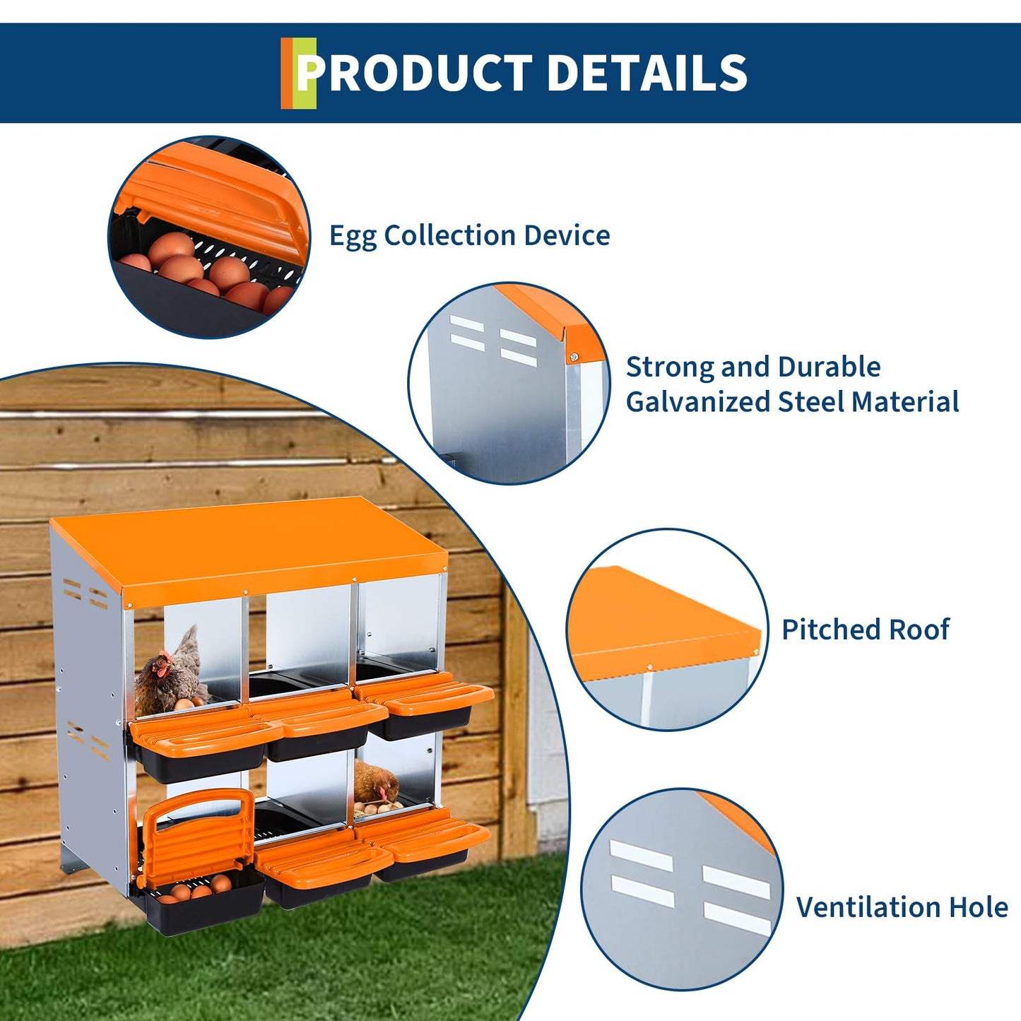 Chicken Nesting Box,6 Hole Roll Away Nesting Box for Laying Eggs,Wall Mount Chicken Nesting Boxes,Easy Egg Collection,Cleanable Pull Out Hen Roosting Boxes