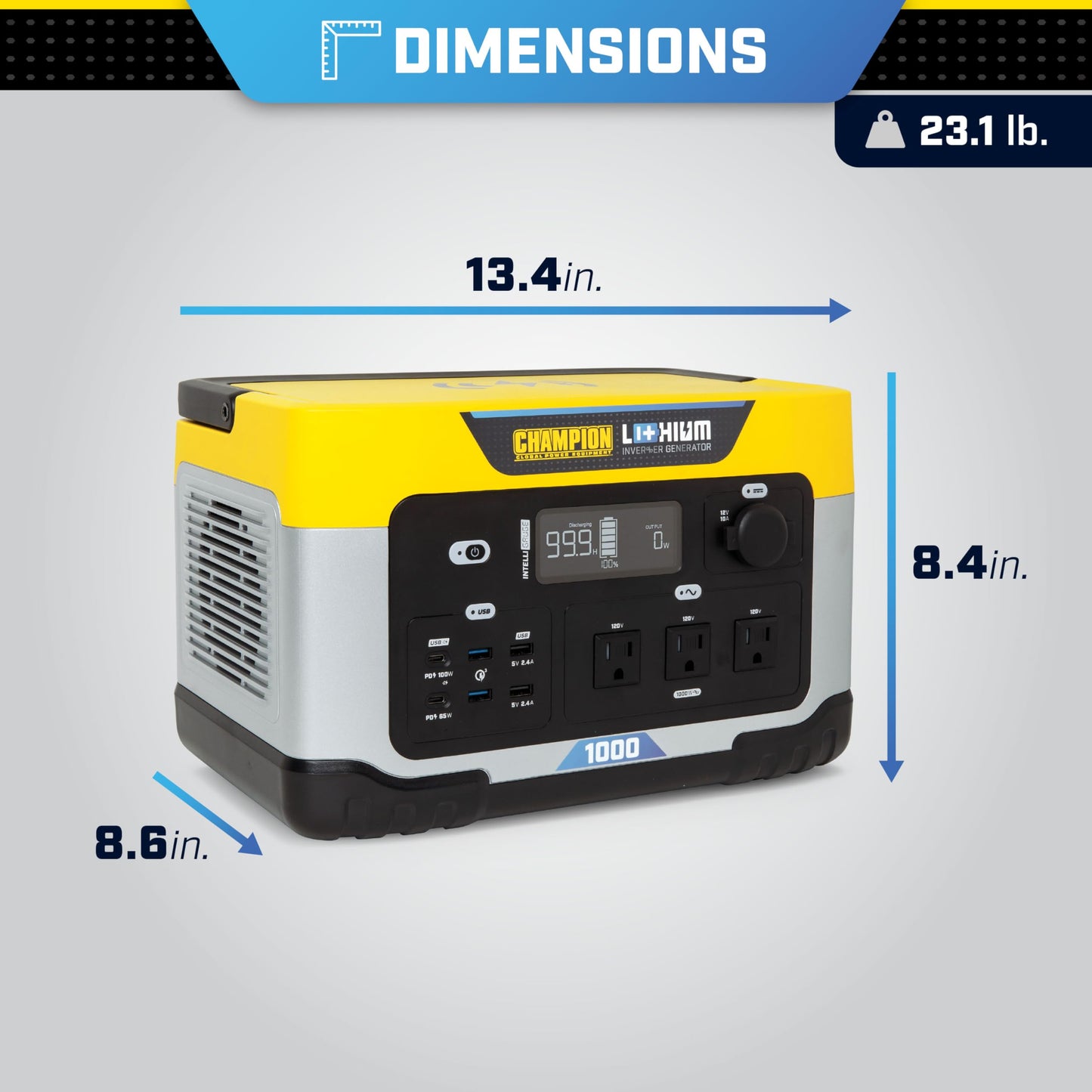 Champion Power Equipment 201260 998-Wh Power Station 2000/1000-Watt Portable Lithium-Ion Battery Solar Generator