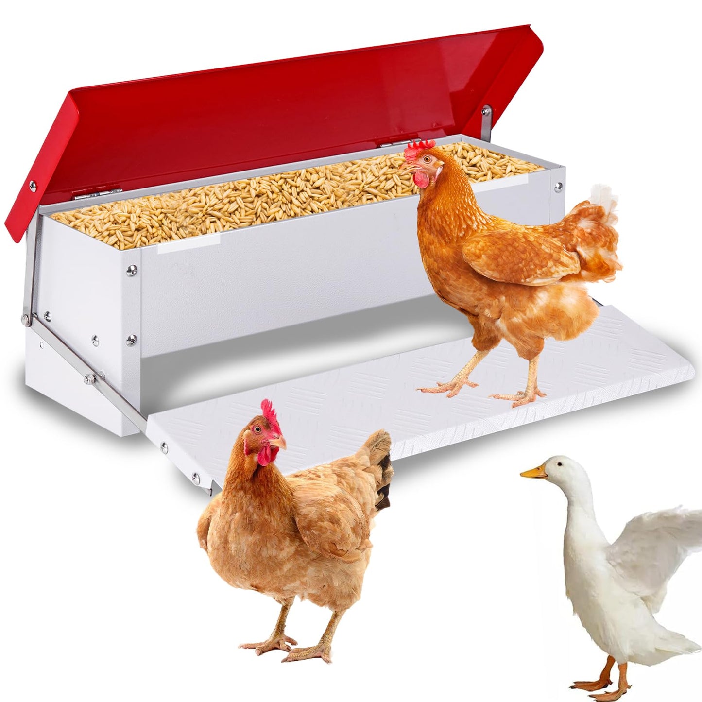PAULOZYN 9L Automatic Chicken Feeder Treadle Rat Proof Metal Galvanized Poultry Feeders Treadle Chicken Feeder with Weatherproof Lid for Duck Turkey Outside No Waste