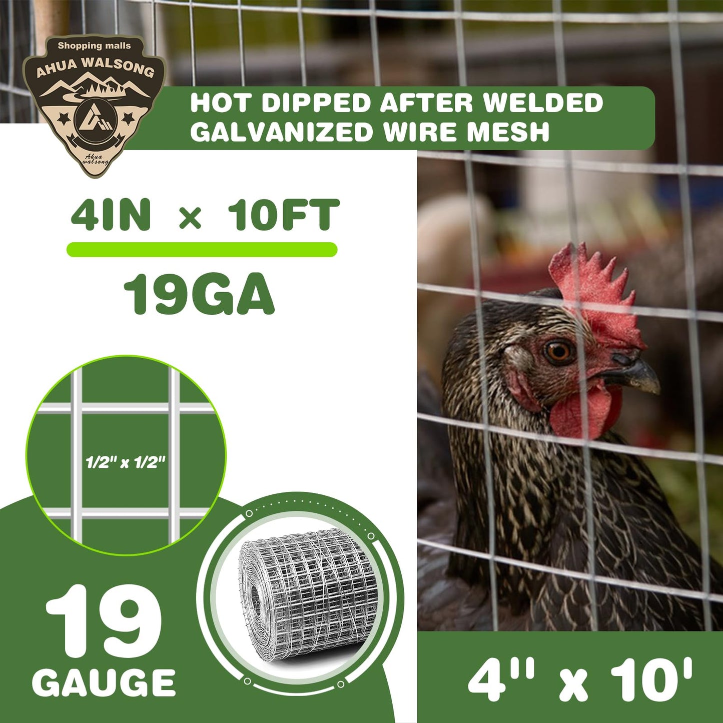 Hardware Cloth 1/2in 4'' x 10' 19GA ，Hot-dip Galvanized After Welding ，Chicken Wire Mesh,Chicken Coop Fence,Screen Mesh,Rabbit/Snake Fence,for Garden Poultry Animal Netting Cage