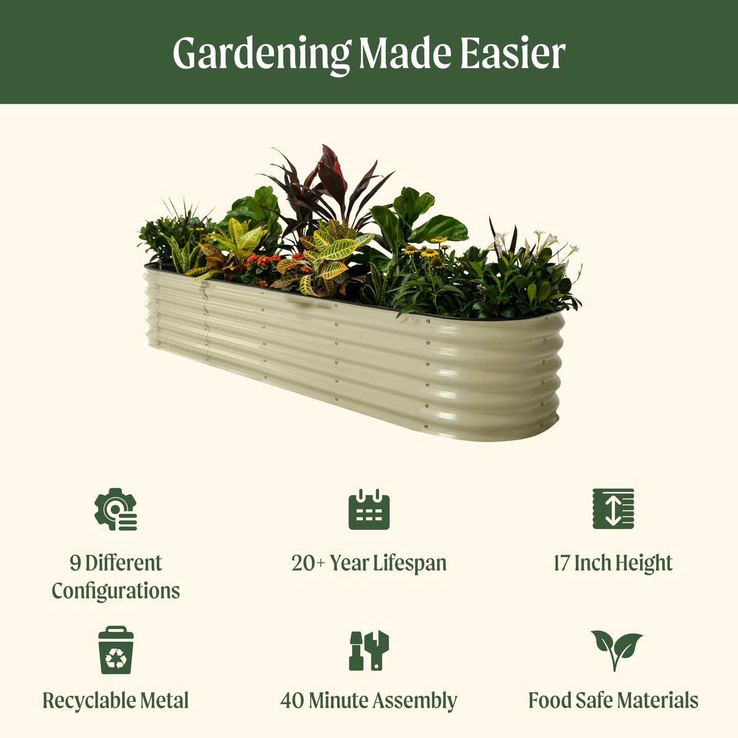 17" Classic 9 in 1 Garden Bed Pearl White & 2-Tiered Metal Plant Stand with Grow Lights