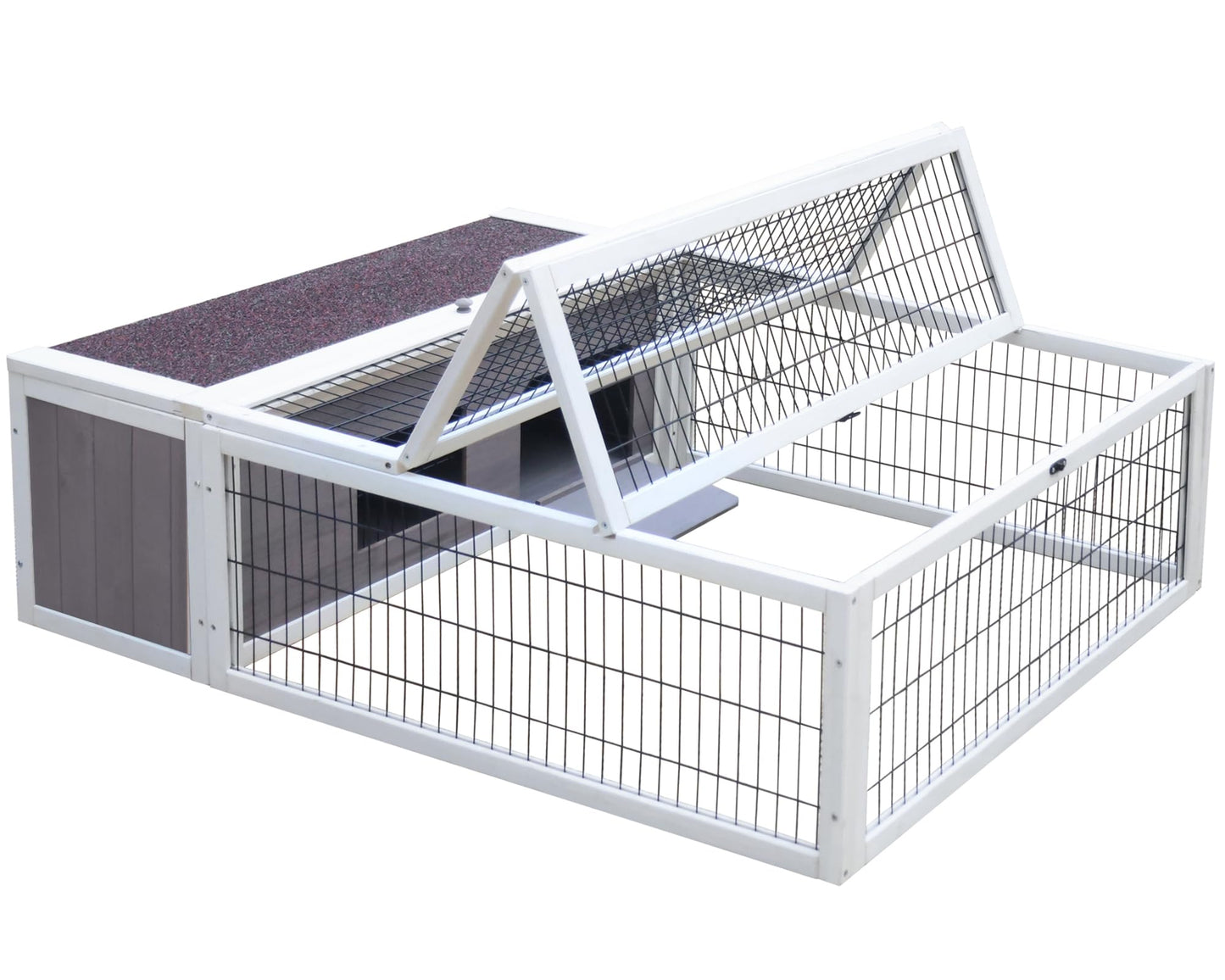Tortoise House Habitat Wooden, Chicken Coop with Run Rabbit Hutch Small Animal Hutch Enclosure Indoor/Outdoor-Grey + White Trim