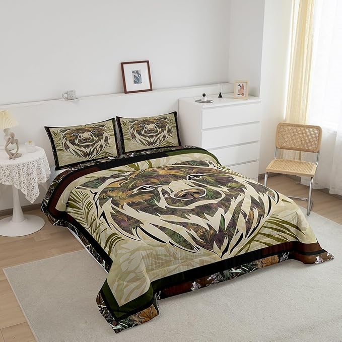Rustic Bear Comforter Set Full Hunting Camo Bedding Set For Boys Adults Men,Camouflage Woodland Animal Bedding Comforters For Farmhouse Cabin Lodge,Nature Conifer Oak Branches Quilt 2 Pillow Cases