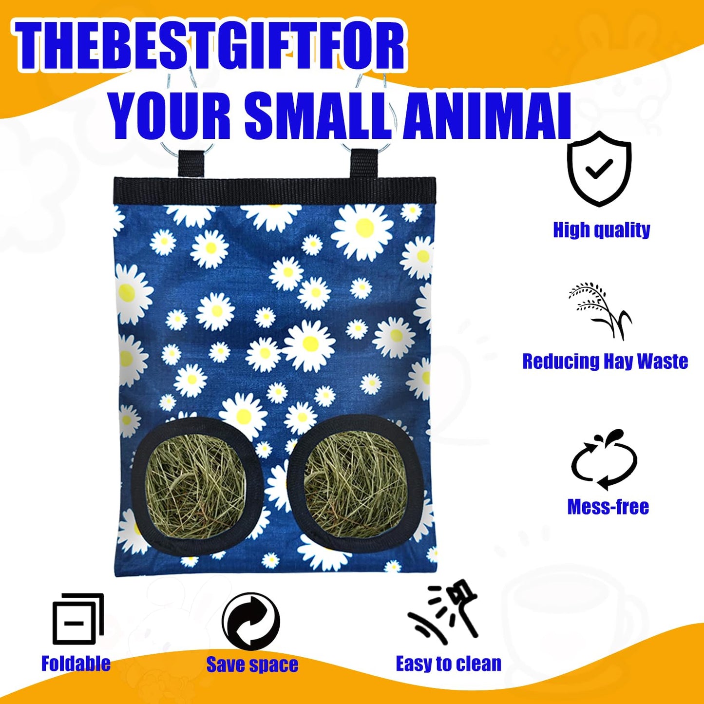 2 Pcs Rabbit Hay Feeder Bag, Hanging Hay Feeder for Small Pets - Guinea Pigs, Rabbits, Chinchillas, Hamsters - Washable Bunny Hay Bag with 2&3-Hole Design (Daisy)