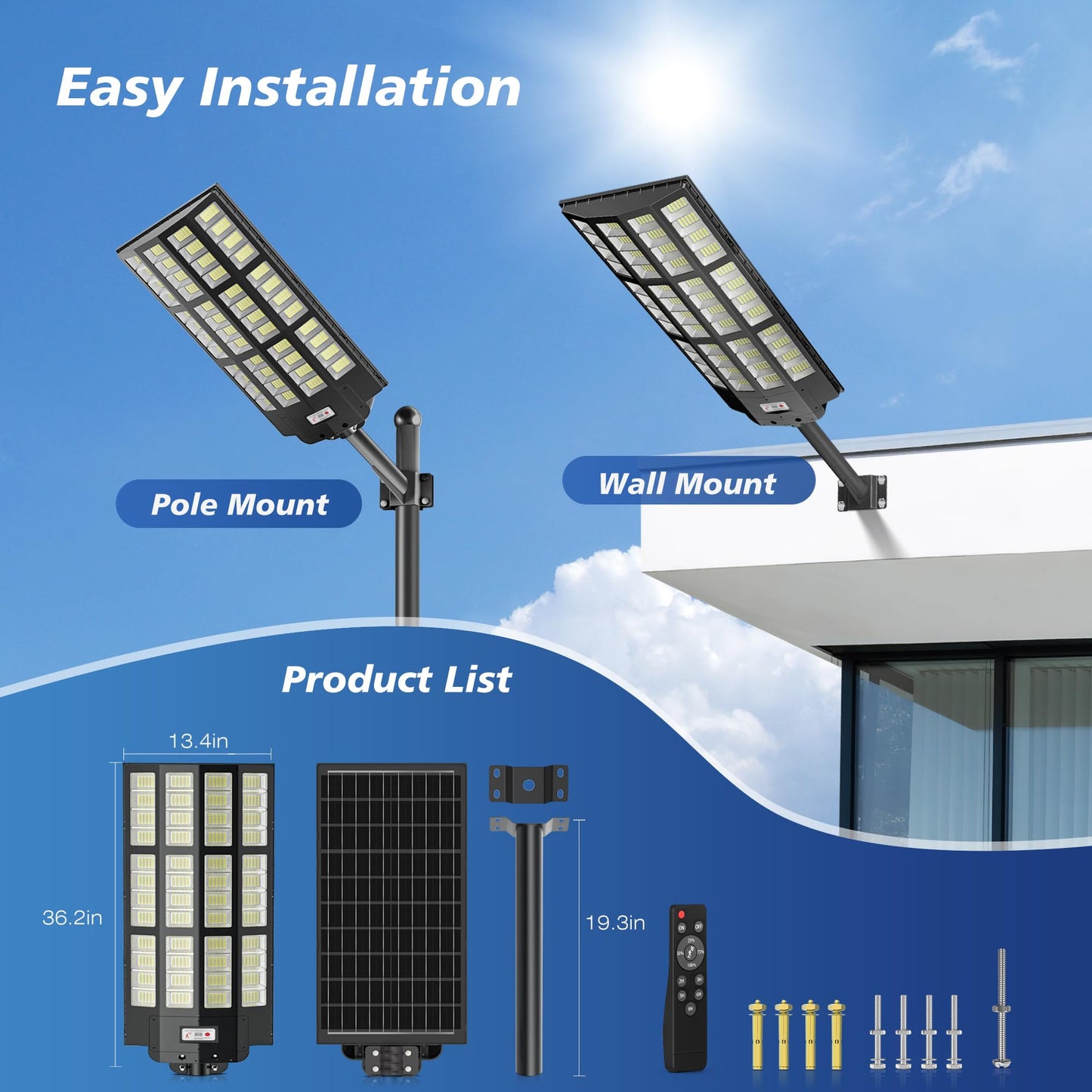 10000W Solar Street Lights Outdoor - Wide Angle Solar Lights Outdoor Motion Sensor, Commercial Parking Lot Light Dusk to Dawn, 7000K LED Street Light Heavy Duty IP66 Waterproof 2-Pack