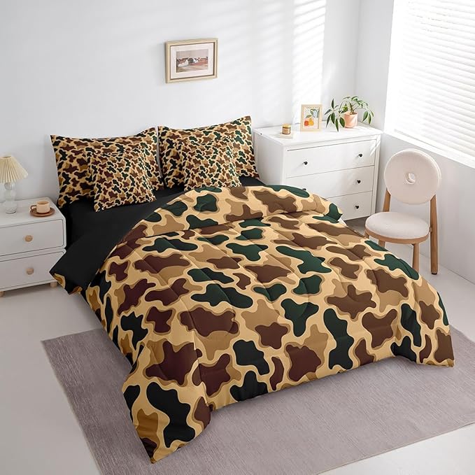 Feelyou Camouflage Bed Set Boys Girls Queen Size Camo 7 Pieces Bedding Set for Kids Women Men Military Style Bed Set Includes Comforter, Sheet Set, Pillowcases Hunting Theme Room Decor