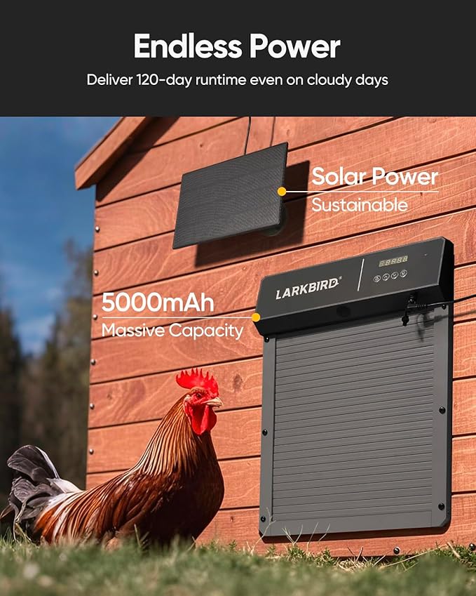 LARKBIRD Automatic Chicken Coop Door with Audio Recall Function, Solar Chicken Coop Door with Timer & Light Sensor, App Control Chicken Door with Anti-Pinch System (Gray)