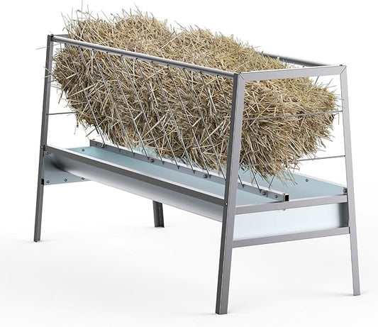 5 Ft Pasture Feeder, 75 Gallon Capacity Livestock Feeder with Deeper Feeding Pan, All Steel Frame, Easy to Assemble and Carry, Feeding Goats, Sheep and Miniature Horses, for Farms, Sheep Sheds