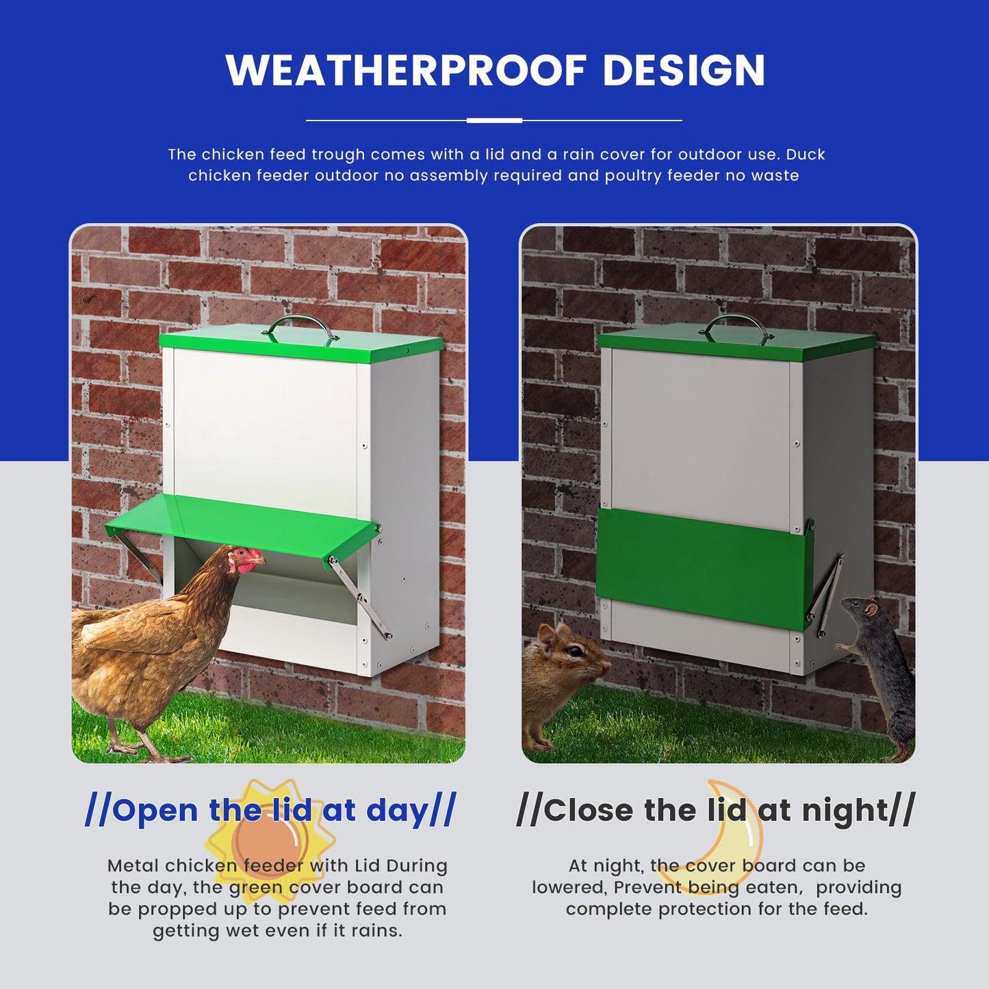 25lb Automatic Chicken Feeders Metal Poultry Feeder no Waste Large Chicken Coop Feeders with Lid Hanging Chicken Feeder Trough for Quail Chickens Ducks Feeder Outside Waterproof Chicken Feeder