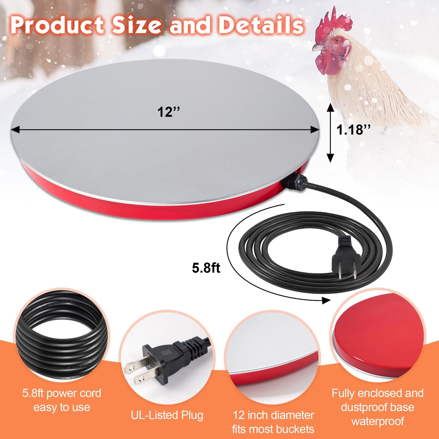 BBTO Chicken Water Heater, 110V 80Watts Heated Chicken Waterer Metal Base for Winter Deicer, Poultry Waterer Heater Base Fits Plastic/Metal Waterer, Pet Water Heater with 6 ft Cord for Poultry Founts