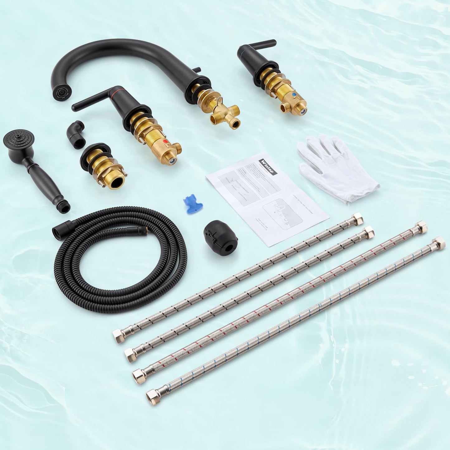 Wintap Bathtub Faucet Trim Kit with Hand Shower and Rough-in Valve Deck Mount 4 Hole High Flow Classic High Arch Tub Faucets Black, WT-9808BK
