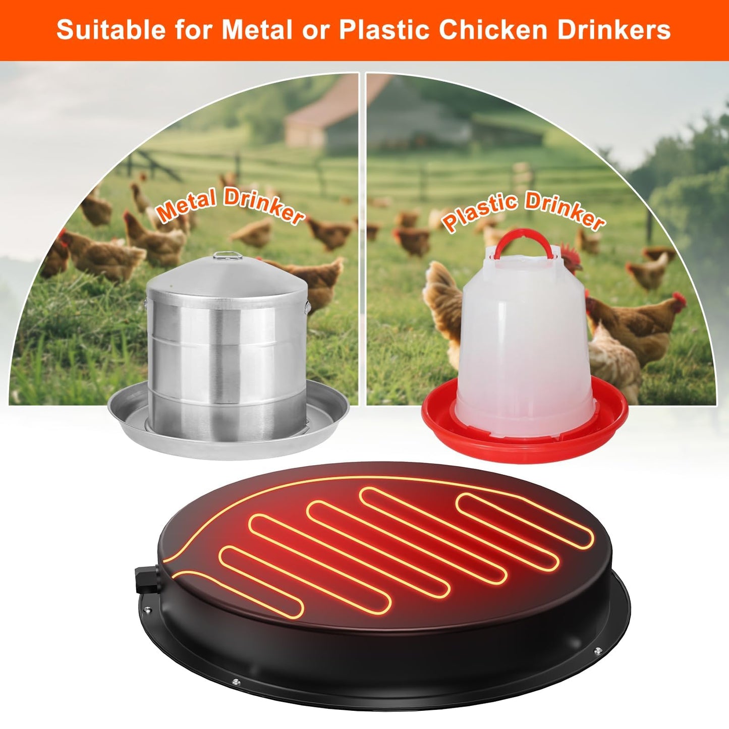 Chicken Water Heater for Winter, 11" Waterer Heated Base for 1-5 Gallon Metal Plastic Poultry Water, 110 Watt Heated Poultry Waterer with Thermostat for Chicken Duck Pigeon