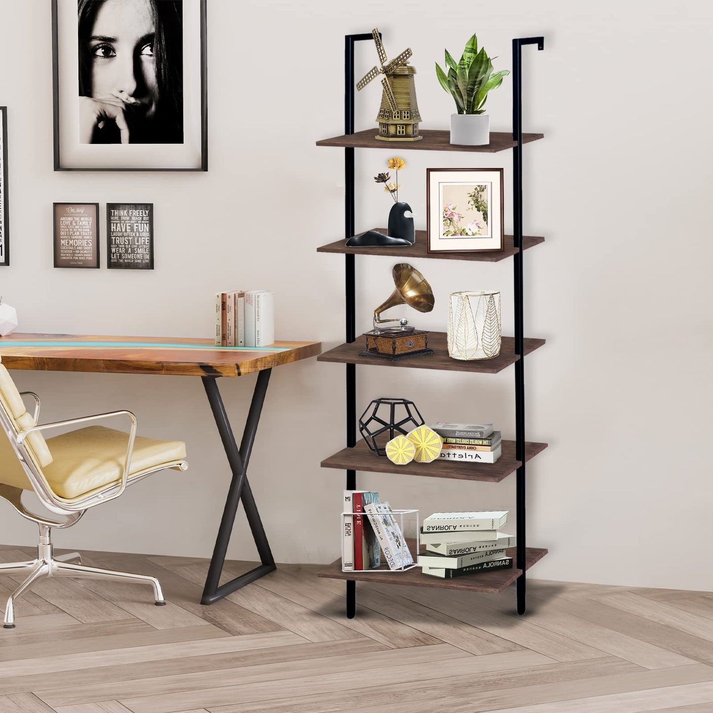 Wolawu 5 Tiers Ladder Shelf 2-Piece Black Modern Tall Bookshelf Open Large Tall Wall Mount Storage Bookcase Standing Leaning Wall Shelves Industrial Decorative (Brown)