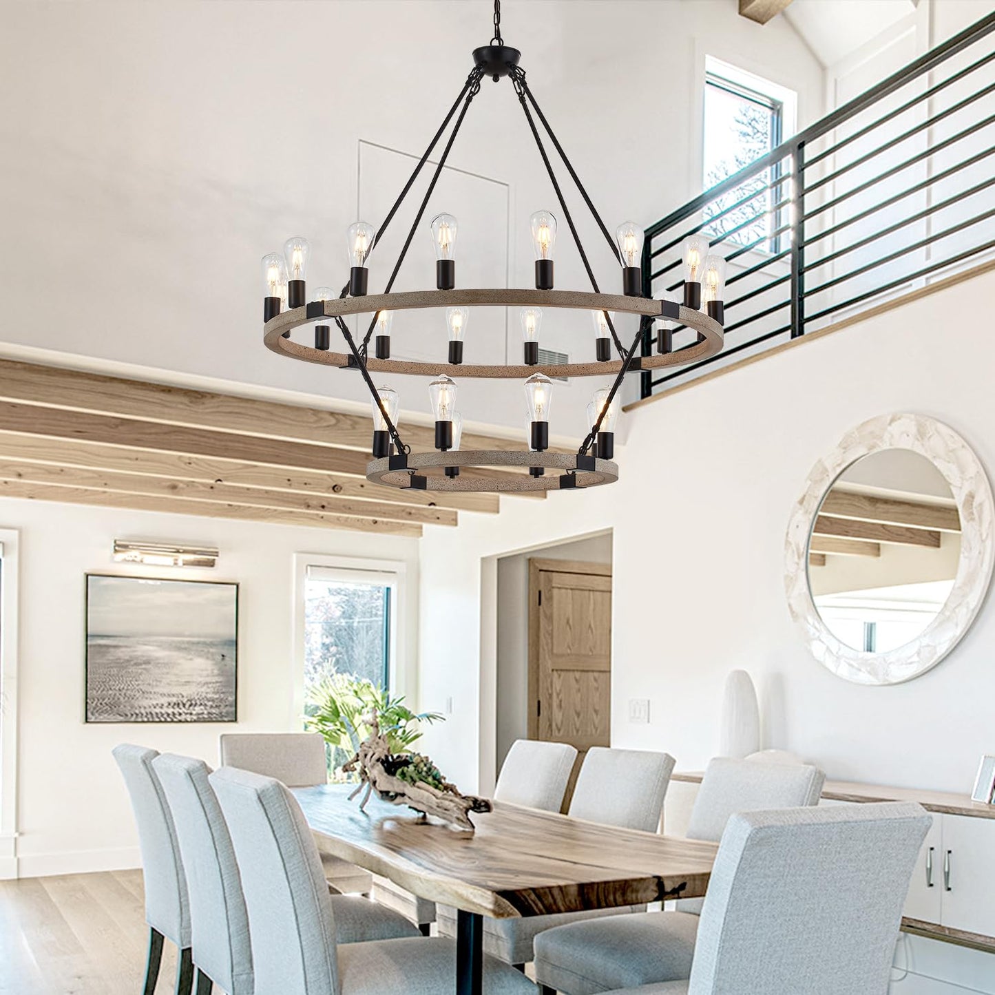 brfaixla 2-Tiers Wagon Wheel Chandelier Wooden Farmhouse 24-Light(16+8) 43.34'' Cream Colored, Black Metal Pendant Chandeliers 2 Story Rustic Light Fixtures Industrial for High Ceiling Living Foyer