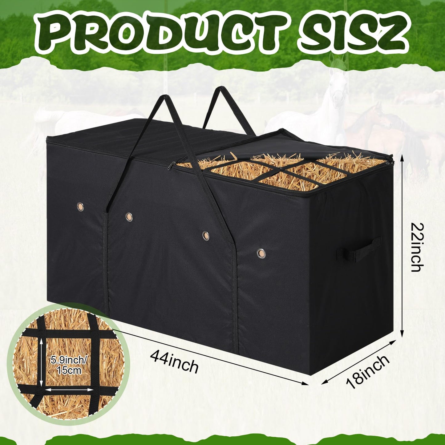 Aliceset Hay Bale Bag 44x18x22 Inch Extra Large Hay Bale Storage Bag Top Slow Feeder Belt Design, 1680D Oxford Cloth, Heavy Duty Tote Container for Horses, Goats, Sheep, Donkeys, Barn and Stable