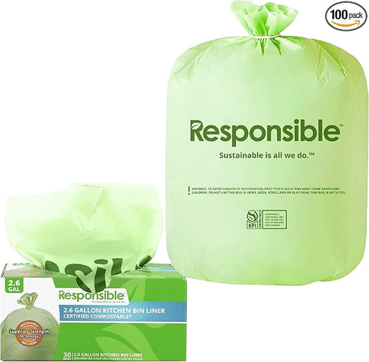 Kitchen Bin Liners, Certified Compostable, Heavy Duty Multipurpose Food Scrap Bags, Made from Compostable Materials (2.6 Gallon Flat Top, 2.6 Gallon (30 Count))