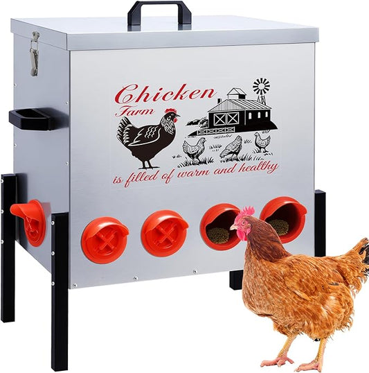 100LB Large Automatic Chicken Feeder–10 Feeding Ports No-Waste Galvanized Metal Chicken Feeder Box with Adjustable Legs & Locking Lid Poultry Feeder for Chickens,Ducks,Geese,Rust-Resistant