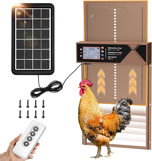 Automatic Chicken Coop Door, 4 Modes LCD Display Chicken Coop Door Solar Powered with Timer & Light Sensor, Aluminum Alloy Automatic Chicken Door with Anti-Pinch, IPX45 Waterproof