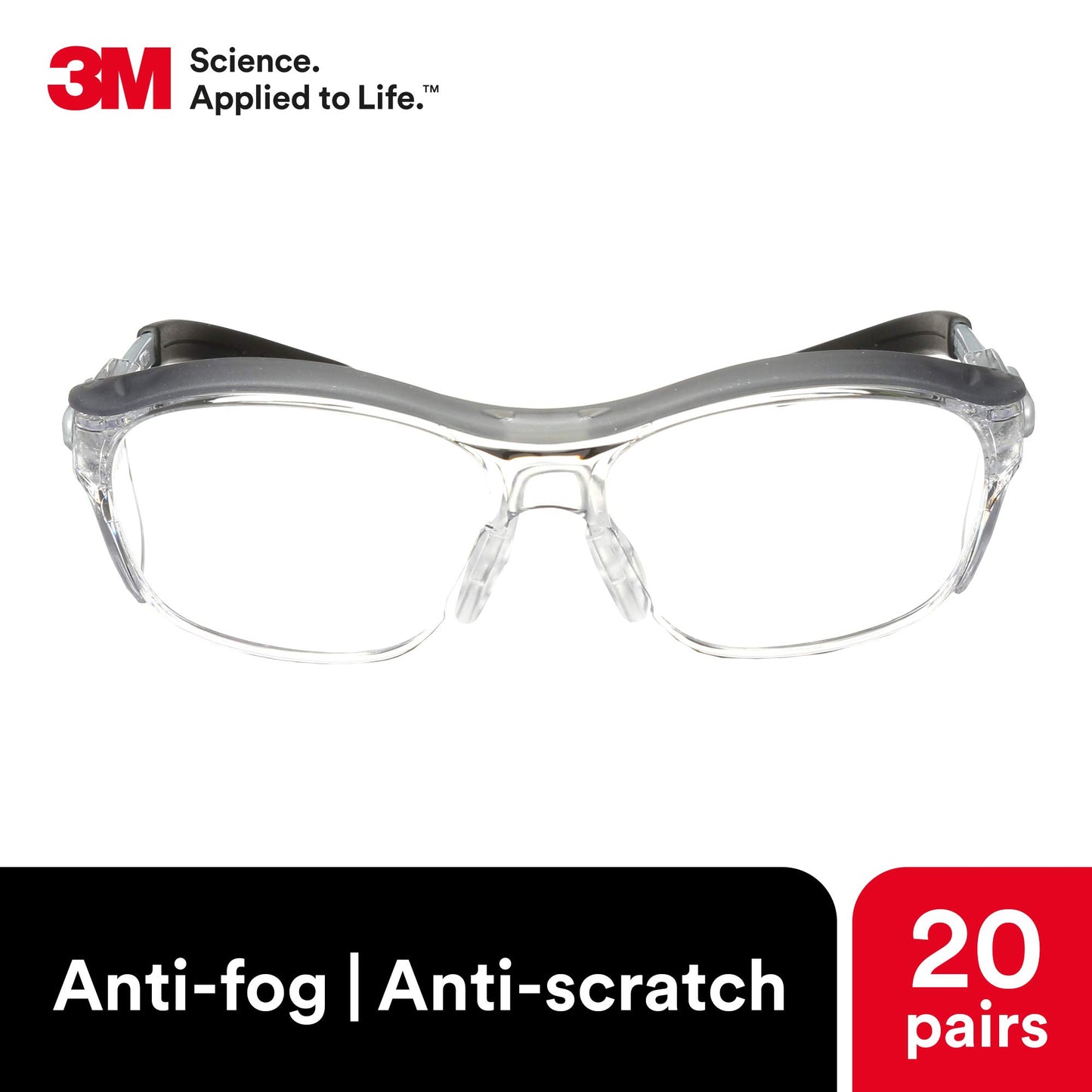 3M Safety Glasses, Nuvo, 20 Pack, ANSI Z87, Anti-Fog Clear Lens, Retro Gray Frame, Soft Nose Bridge, Side Shields