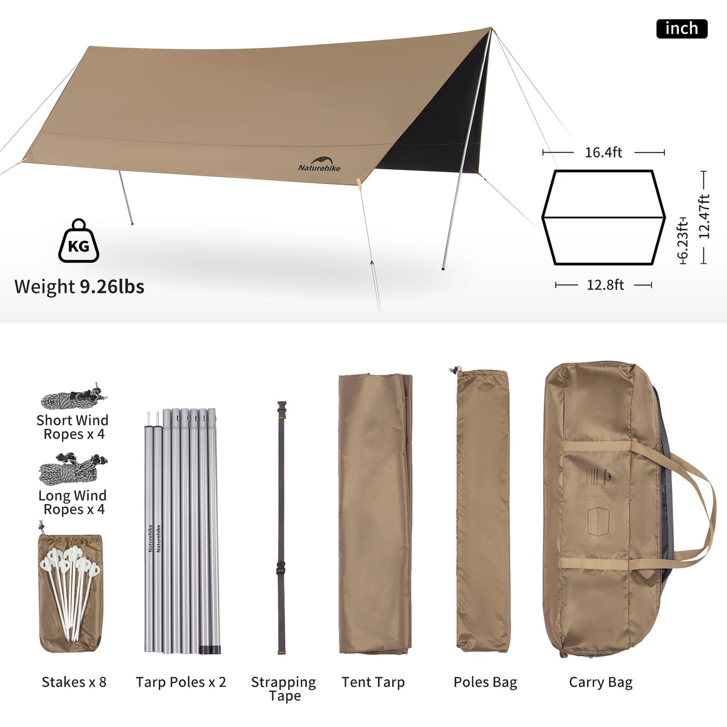 Naturehike Cloud Skies Camping Tent Tarp with Poles, Waterproof PU 18000mm+ Rain Shelter, Anti-UV UPF2000+ Camping Sun Shelter Canopy