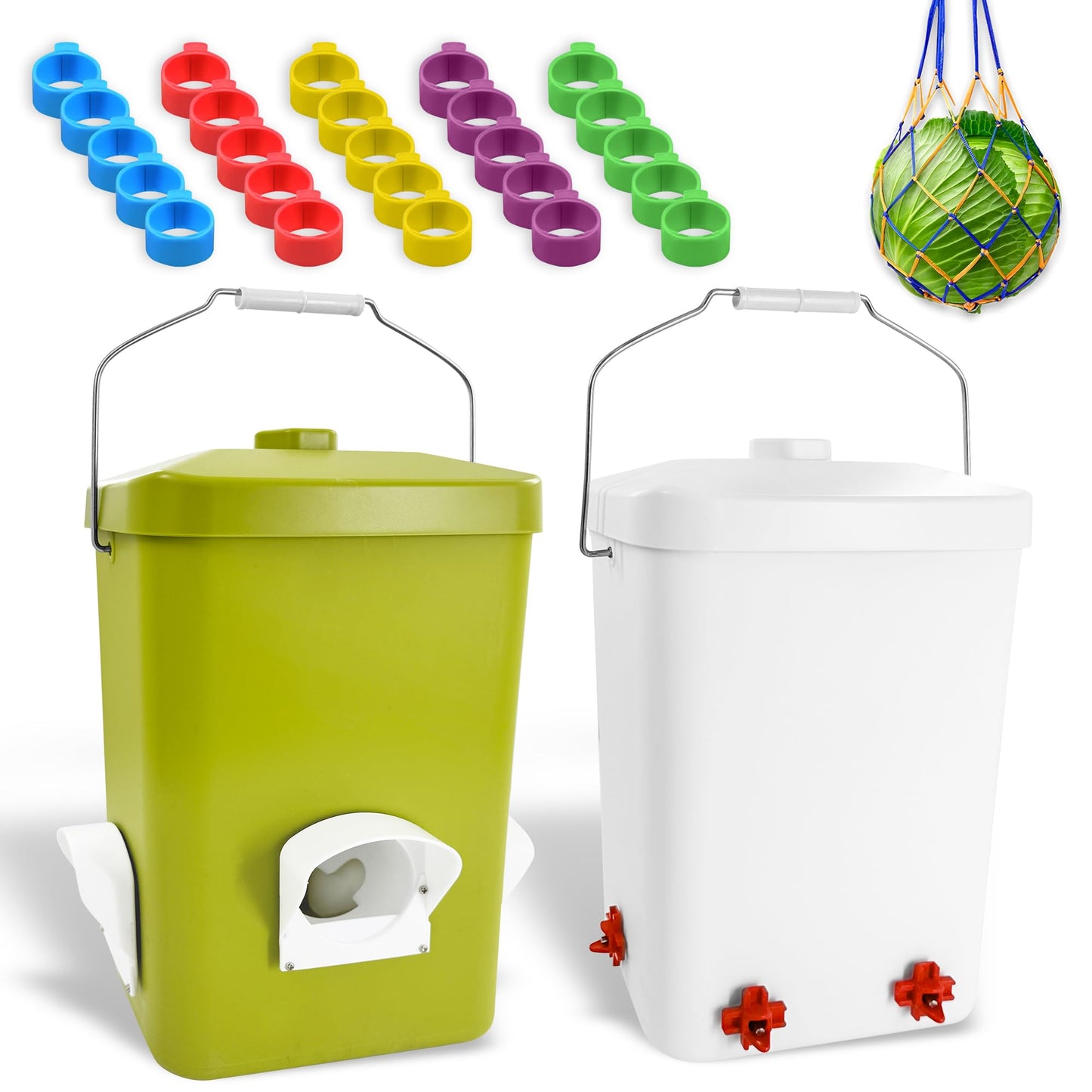 Loyala Automatic Chicken Feeder and Waterer Set 3 Gallon/25 Pounds No Waste Poultry Feeder Rain Proof Large Chicken Feeders Chicken Coop Accessories (Grass Green and White)