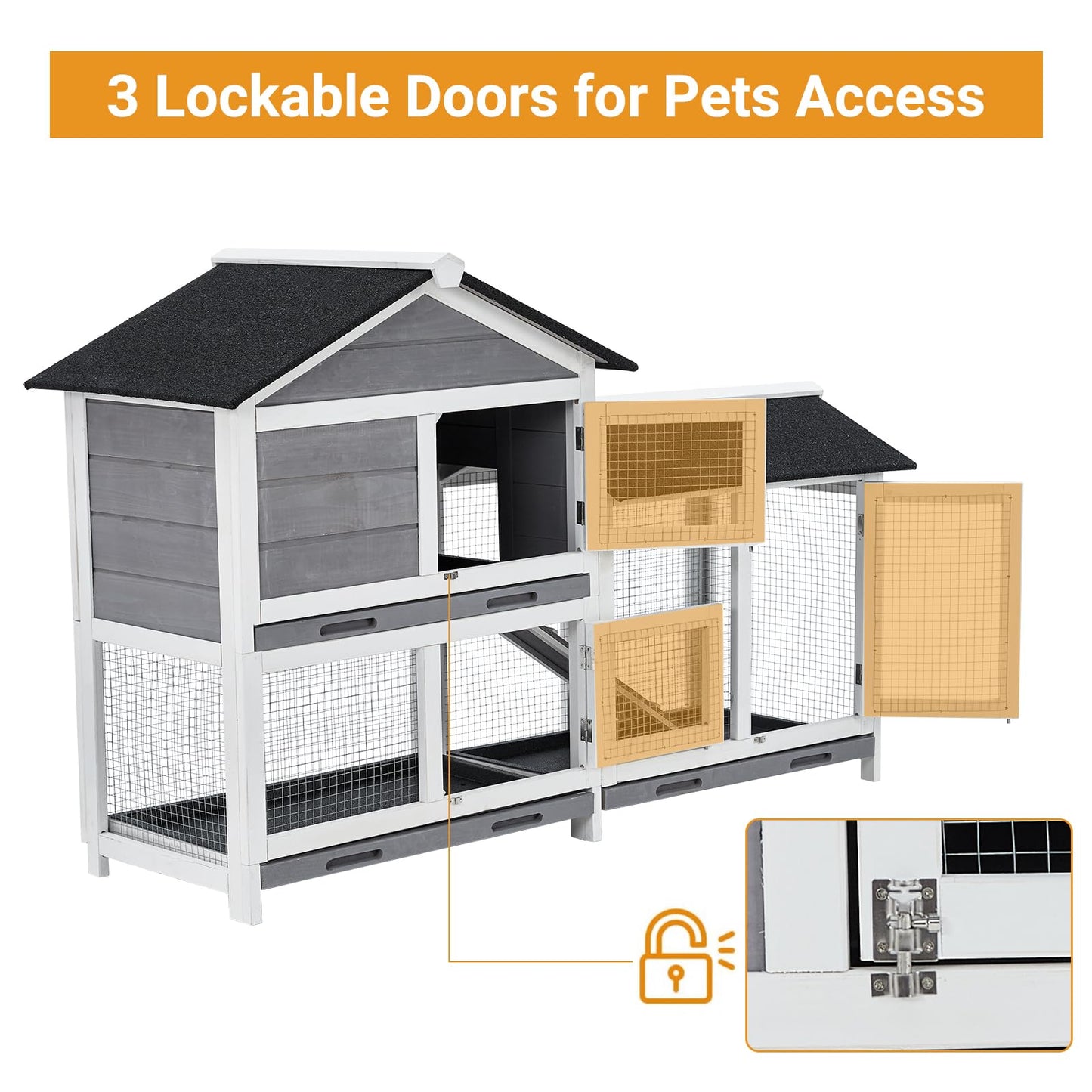 58'' Bunny Hutch Indoor with 3 Leak-Proof Trays, Wooden Waterproof Roof Rabbit Hutch Indoor/Outdoor, 2-Tier Bunny House/Chicken Coop, Gray and Black
