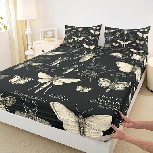 Butterfly Moth Insects Fitted Sheet Queen Size,Bug Beetles Entomological Bed Sheet for Kids Boys Teens Men Bedroom Decor,Nature Animal Bedding Set Retro Black Brown Deep Pocket Sheet,2 Pillowcases