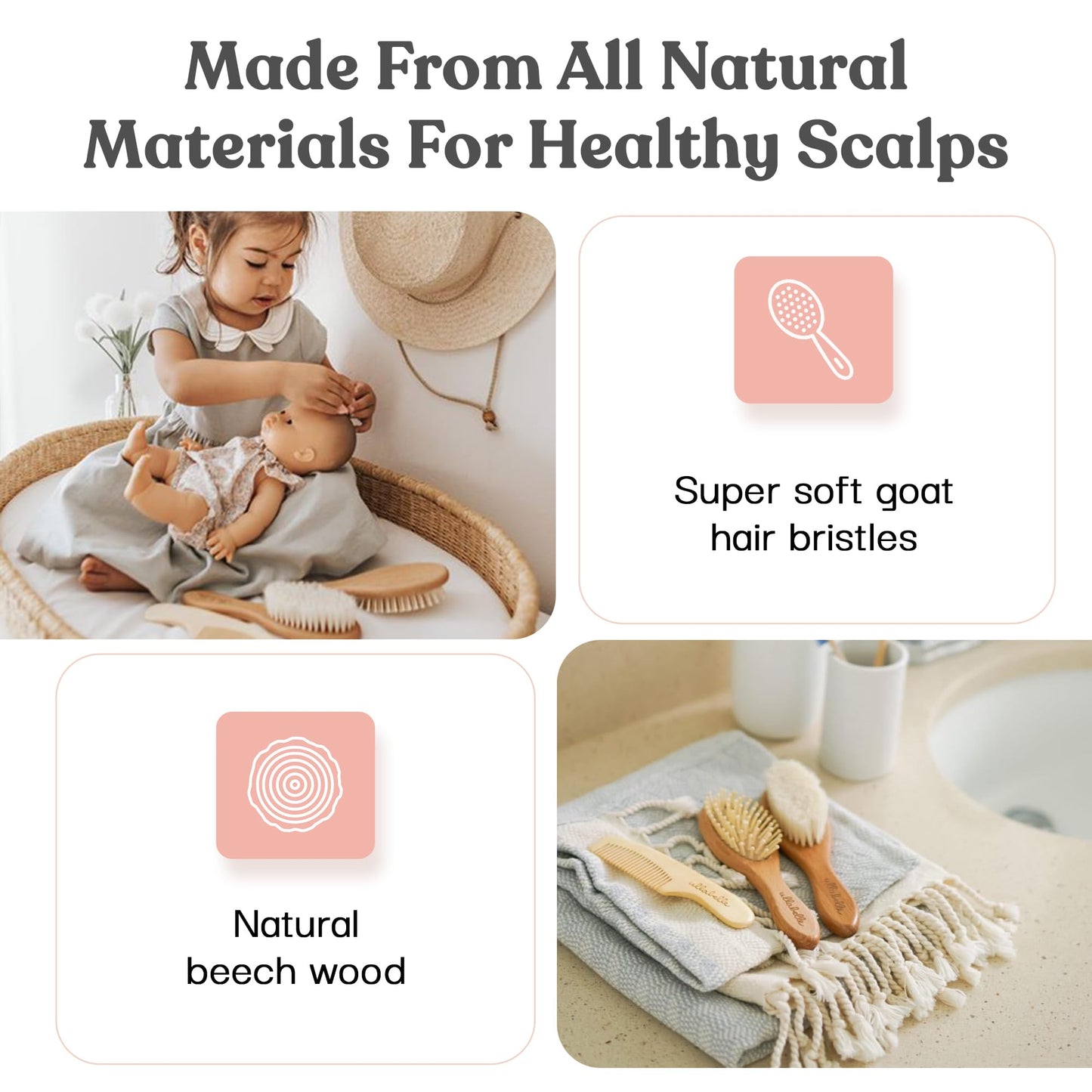 Ullabelle 4 Piece Wooden Baby Hair Brush and Comb Set for Newborns & Toddlers in Chic Gift Box - Ultra Soft Natural Goat Hair and Wood Baby Brush Set Prevents Cradle Cap - Perfect Registry Gift (Pink)
