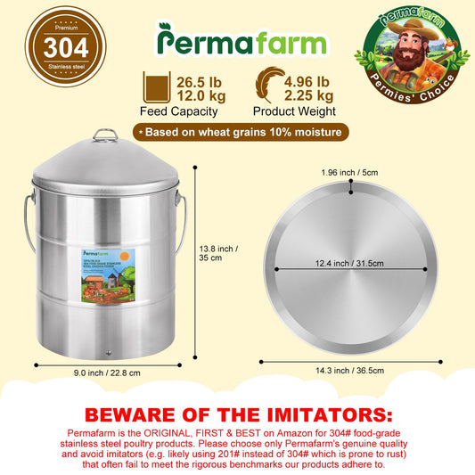 Permafarm® Automatic Chicken Feeder 12KG/26.5lbs, Authentic 304 Food-Grade Stainless Steel Poultry Feeder |Heavy-Duty 0.9mm Metal Thickness, Top-Fill Design, Rust-Free & Built for Life-Long Durability