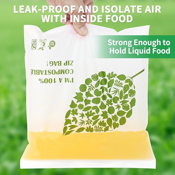100% Compostable Gallon Freezer Bags Biodegradable Food Storage Bag for Vegetables, Fruits or Meats - 25 Count