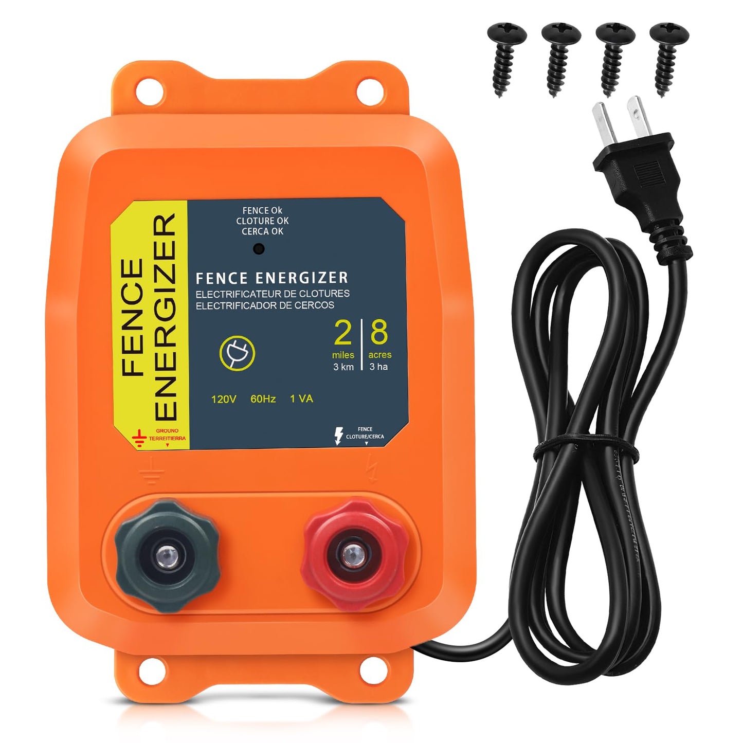 PE2 Electric Fence Energizer, 2-Mile/ 8 Acres Electric Fence Charger,0.1 Joule Livestock Fence Chargers for Containing Dogs, Livestock and Preventing Wild Animals Intruding,Orange
