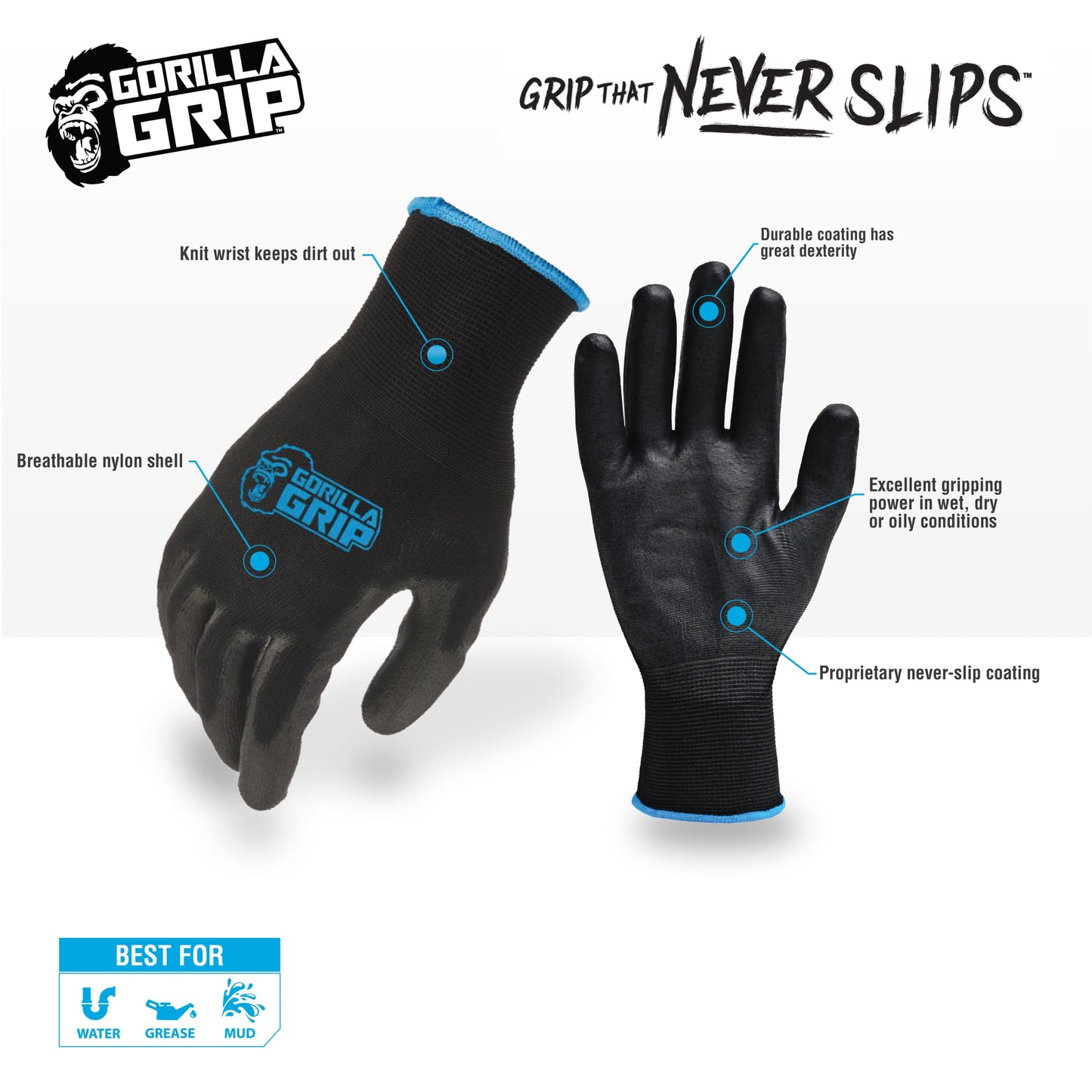 Gorilla Grip Work Gloves, Never Slip Maximum Grip All-Purpose, Gloves for Men, Superior in Wet, Dry, Oily Conditions, Polymer Palm, Large Size, 120 Pairs, Black/Blue| 19412AM