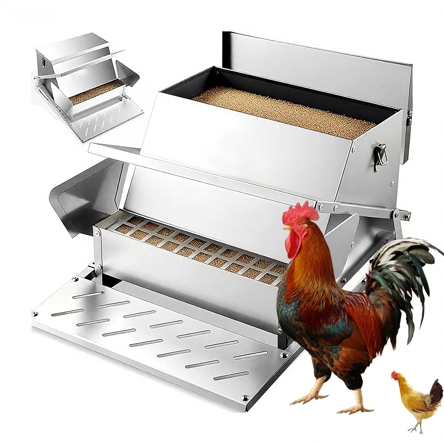 Automatic & Treadle Chicken Feeder, Rat Proof Chicken Feeder with Pedals, Sturdy Galvanized Steel Build & Weatherproof Locking Lid, Rain and Moisture Proof, No Waste, Suitable for Poultry