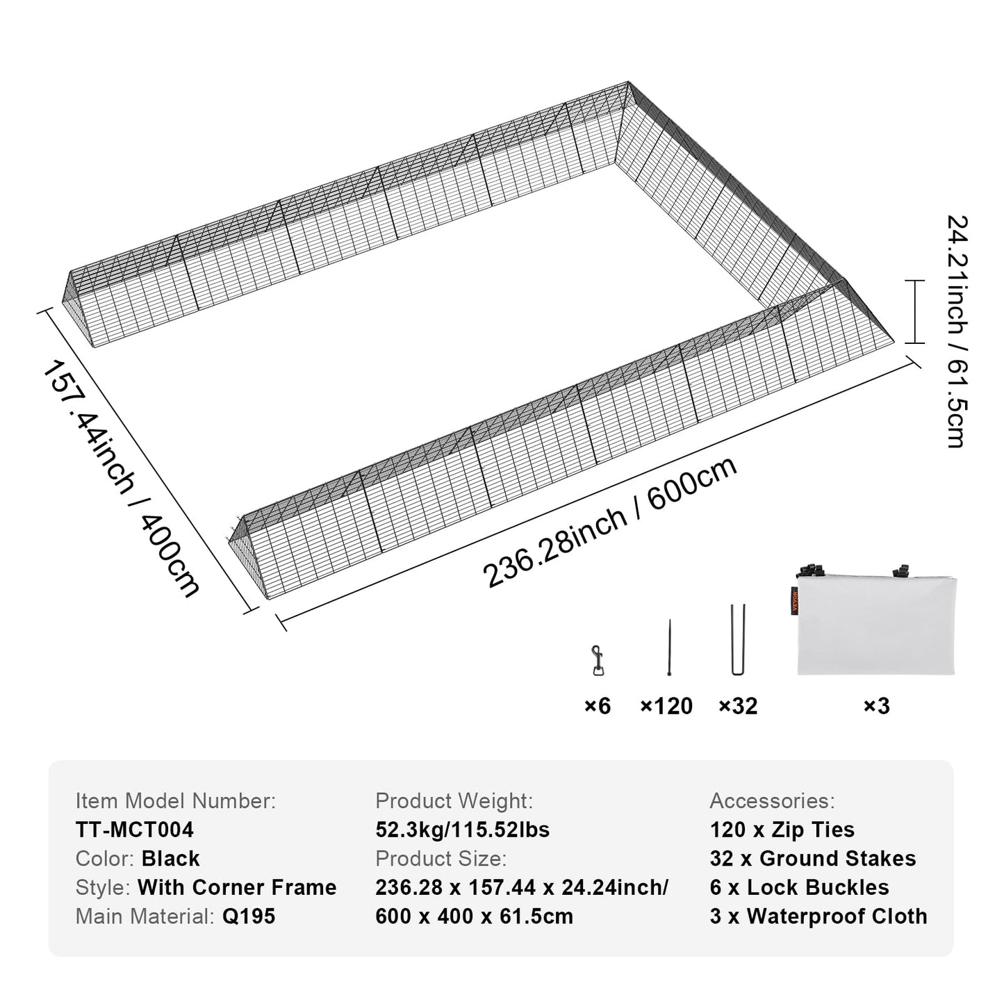 VEVOR 236.2 x 157.5 x 24.2 inch(LxWxH) Chicken Tunnels for Yard, Portable Chicken Run with Corner Frames, 2 Sets, Suitable for Chickens, Ducks, Rabbits