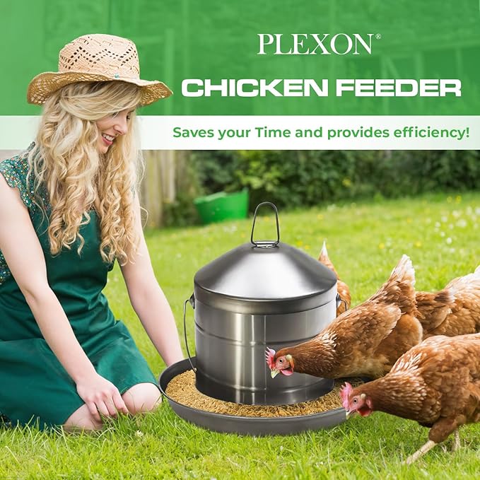 Plexon 17.6 Lb Stainless Steel Hanging Chicken Feeder no Waste Food-Grade Large - Poultry Feeder for Chicken Metal - Heavy Duty Reliable Long-Lasting with Handle