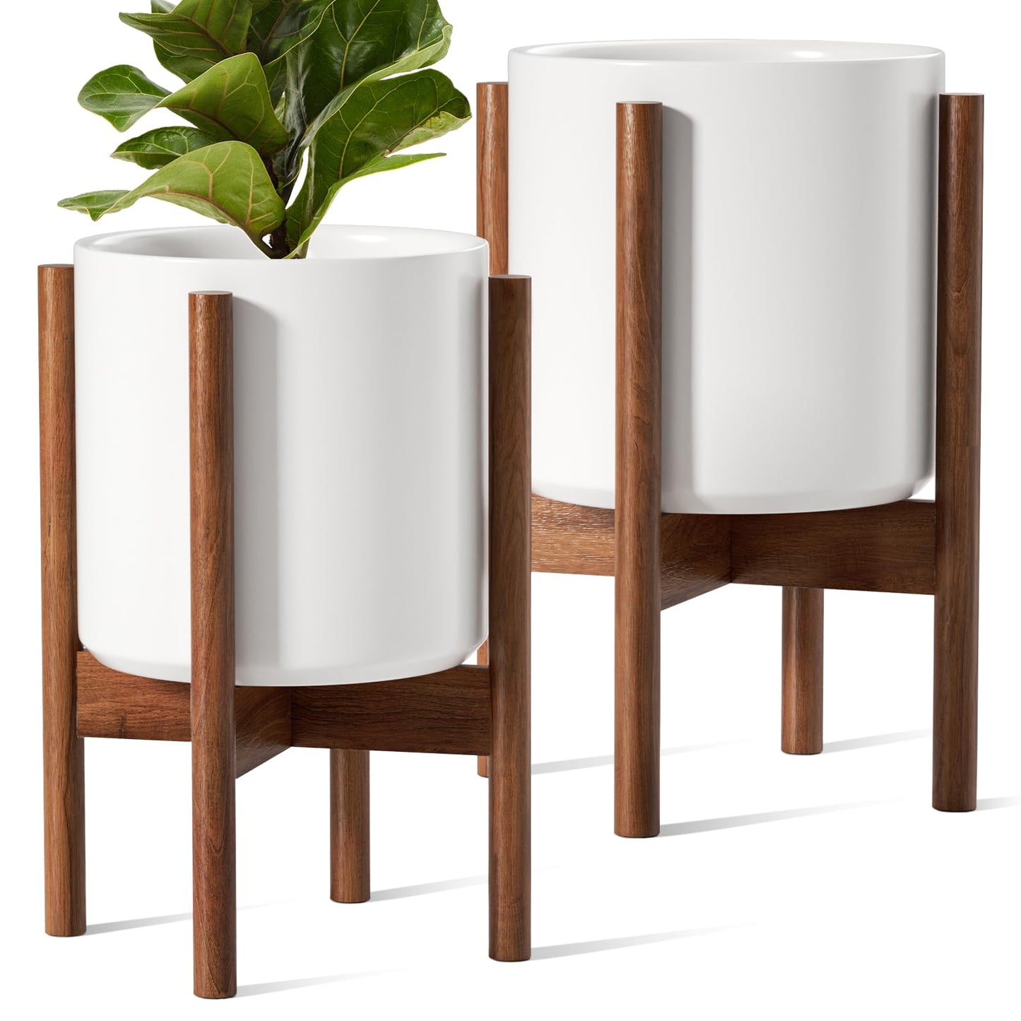 LE TAUCI Indoor Planter with Stand, 10 + 8 Inch, Set of 2, Ceramic Pot for Indoor Plants with Acacia Wood Holder, Mid-Century Modern Home Decor, Round Flower Pots with Drainage Hole, White