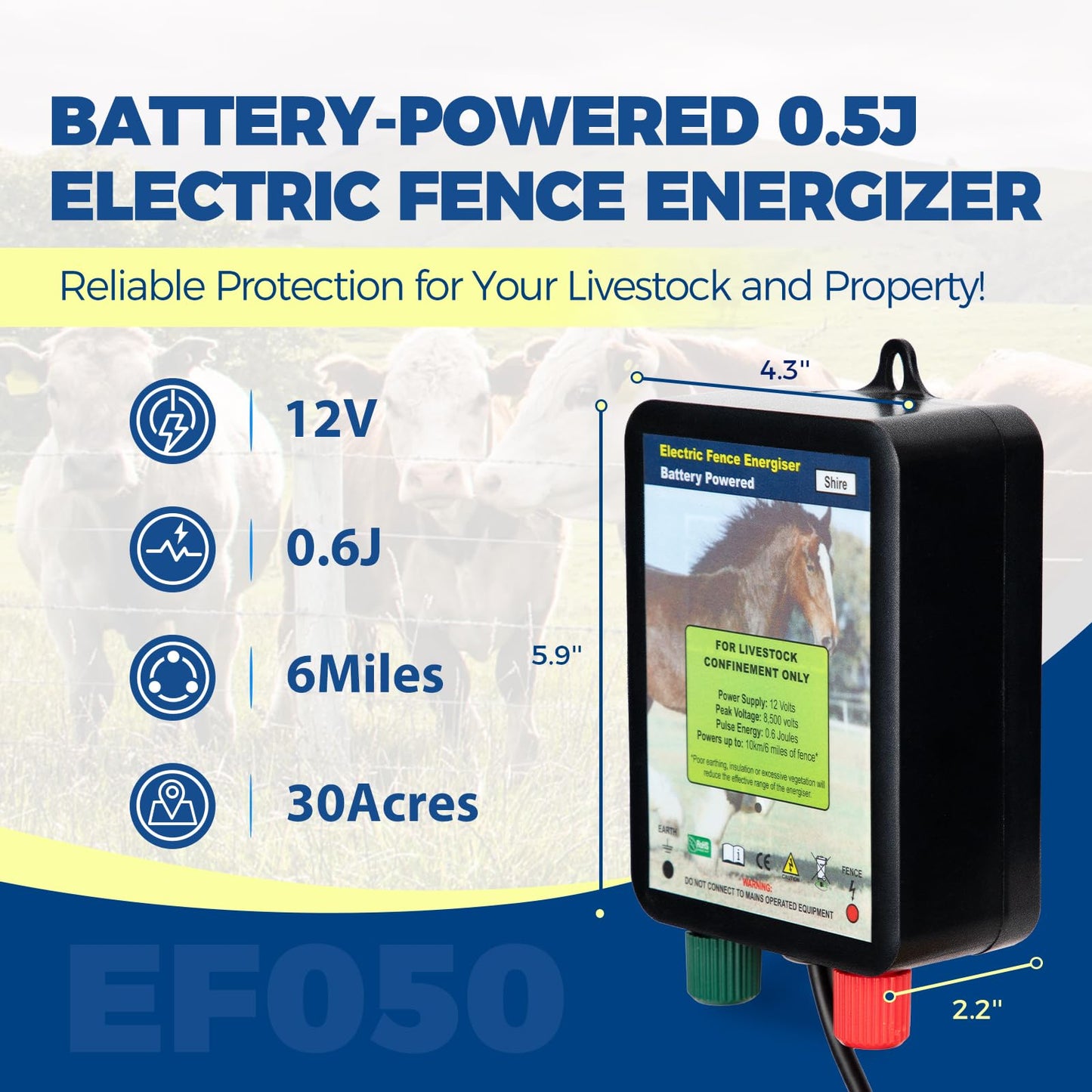 Andmon EF050 0.6 Joule Battery-Powered Electric Fence Energizer, 15miles/50acres Electric Fence for Dogs, High Power Low-Impedance Electric Fence for Secure Your Area with Confidence