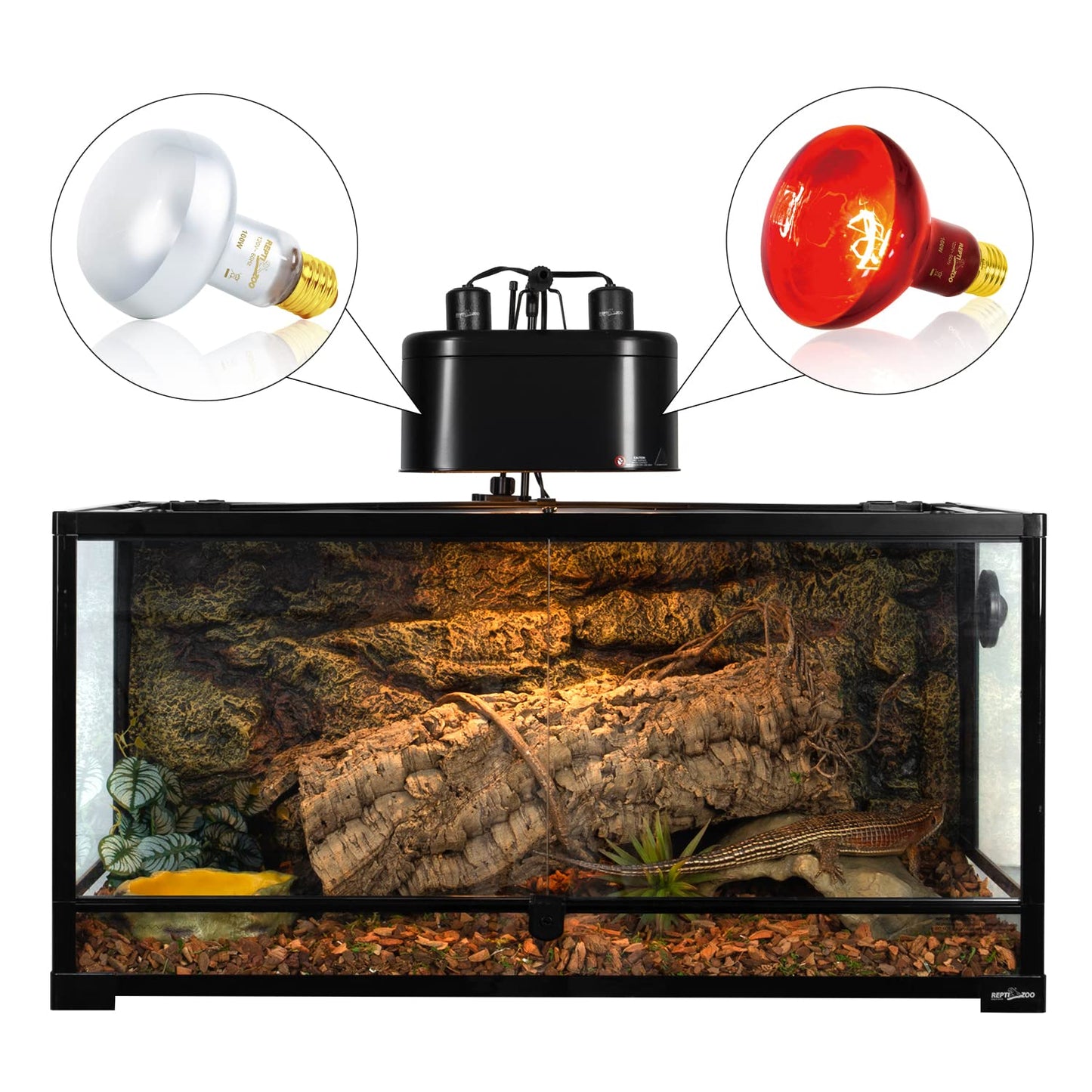 REPTI ZOO Reptile Dual Lamp Fixture Heat Lamp Bulb Combo Pack Includes 100W UVA Daylight Heating Lamp and 100W Infrared Heat Emitter Infrared Basking Spot