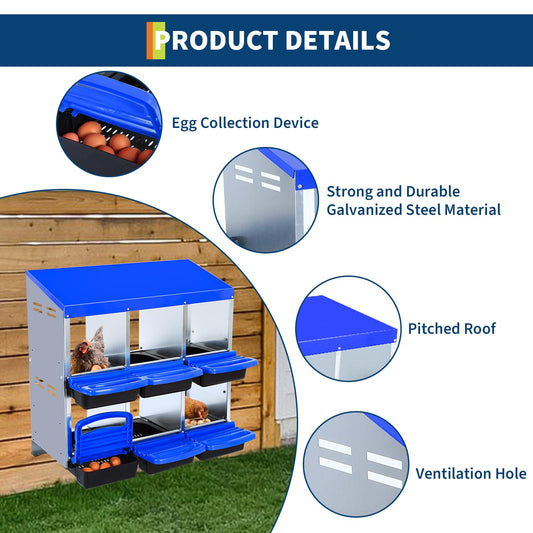 6 Hole Chicken Nesting Box, Ventilated Metal Nesting with Roll Away Nesting Box, Rustproof Plastic Tray & Keyhole Mounting, Chicken Laying Box for Hen & Duck, Blue
