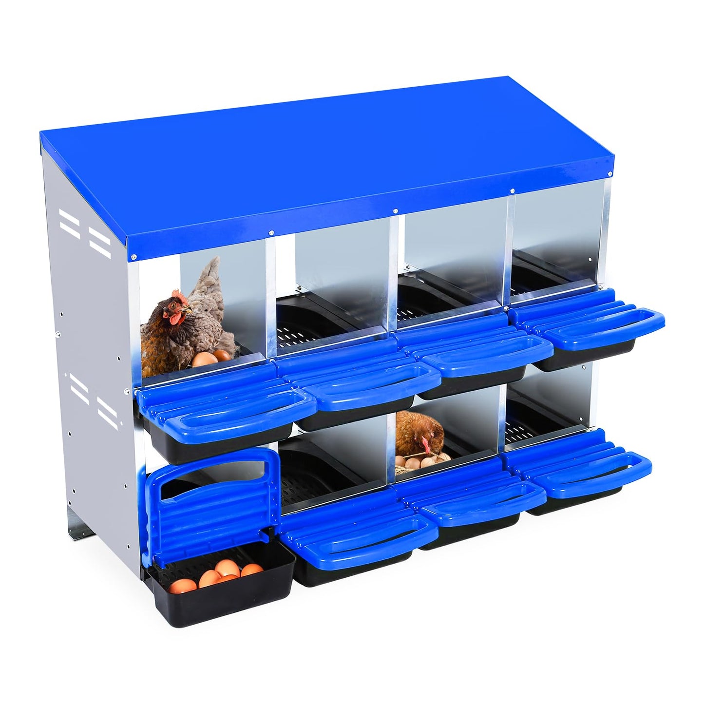 Chicken Nesting Box, 8 Compartments Nesting Boxes for Chickens, Chicken Laying Boxes, Roll Away Nesting Box for Chickens Laying Egg with Lid Cover to Protect Eggs, Blue