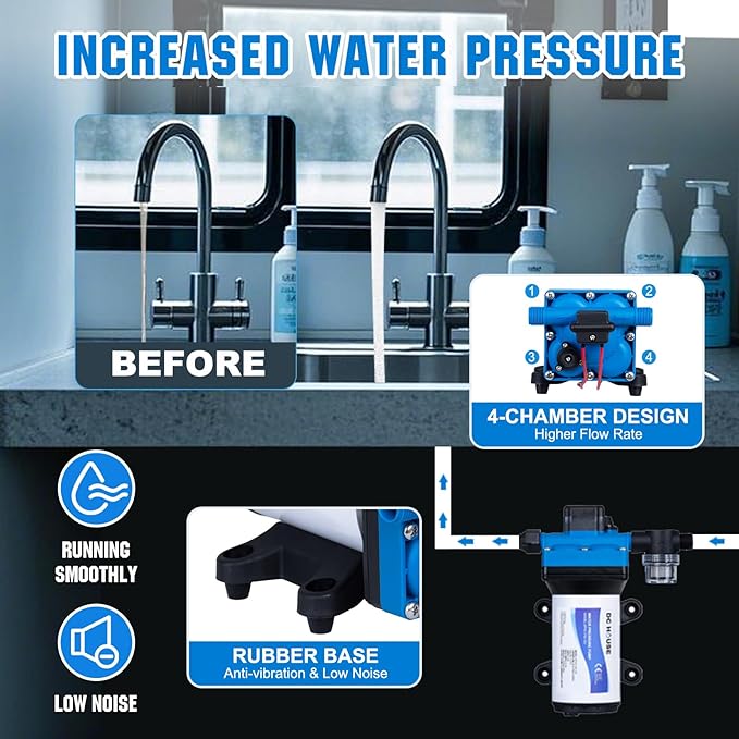 DC HOUSE RV Fresh 12V On Demand Water Pressure Booster Pump with Pressure Switch 5.5GPM 70PSI 12Volt Self Priming Diaphragm Water Pump For Boat Camper Marine Travel Trailer Sprayer
