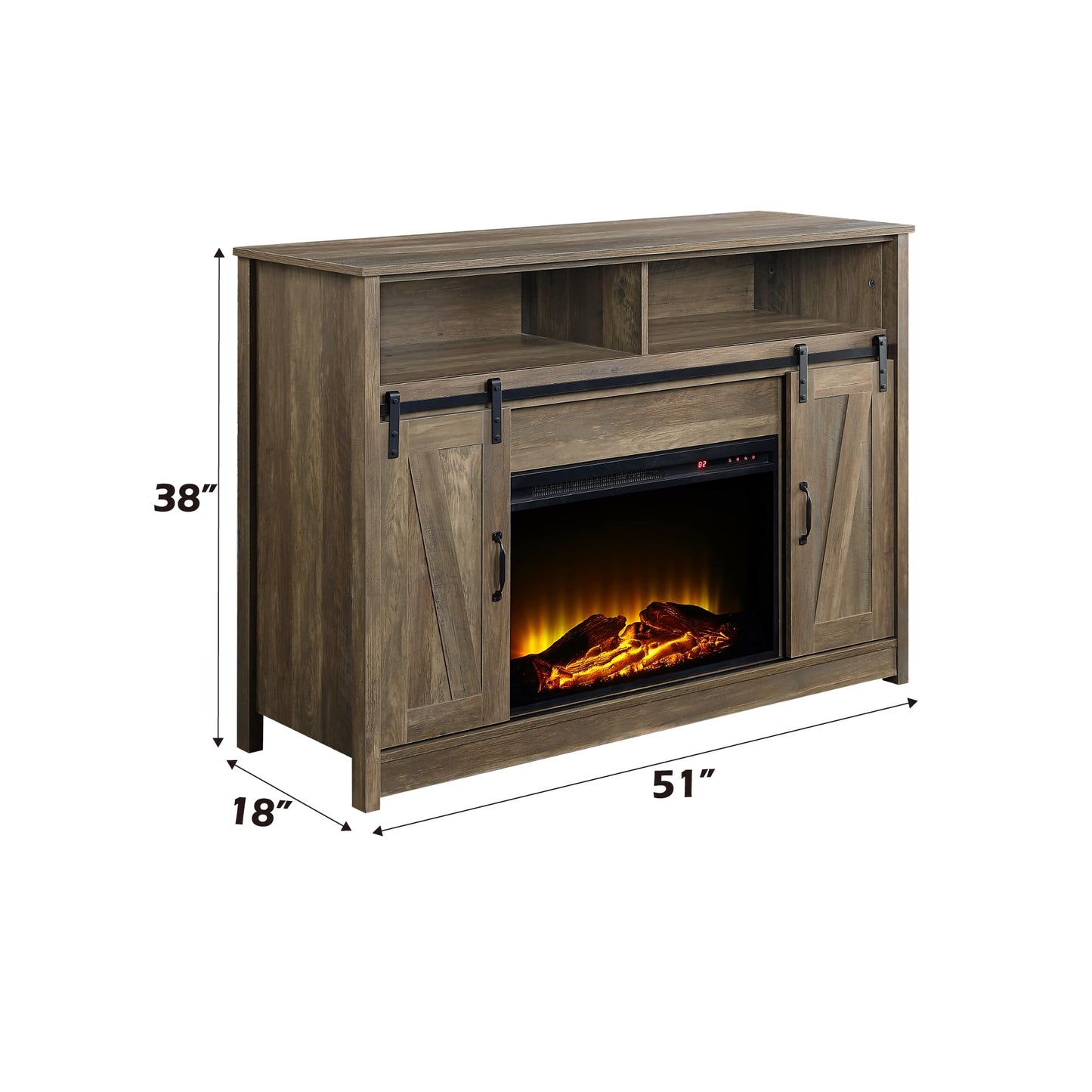 ACME Tobias Electric Fireplace Rustic Farmhouse TV Stand with Sliding Barn Door for TVs up to 55", Rustic Oak Finish