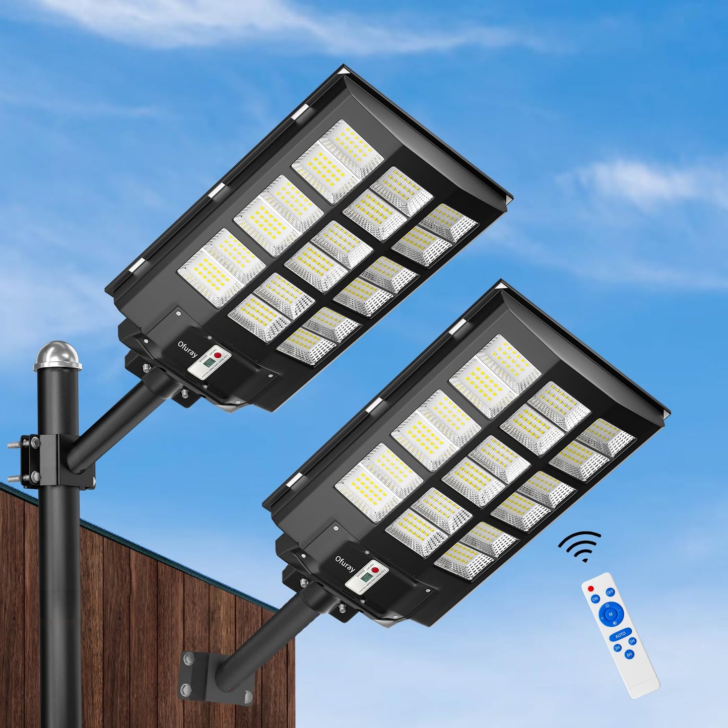 Ofuray Of-3600W Solar Street Light Outdoor, 360000LM Solar Street Light Parking Lot Lights Commercial Dusk to Dawn, 6500k IP67 Waterproof Led with Remote Control Motion for Street,Court,Tree 2Pcs
