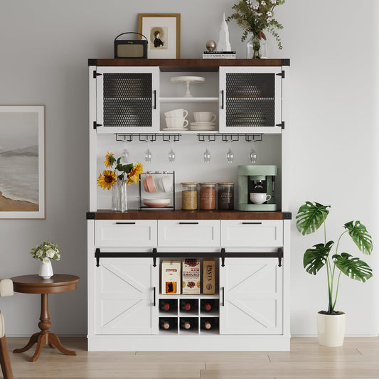 Farmhouse Bar Cabinet with Sliding Barn Door, Tall Kitchen Buffet Hutch Cabinet with Wine & Glasses Rack, Rustic Coffee Bar Sideboard for Living Room, Dining Room, White