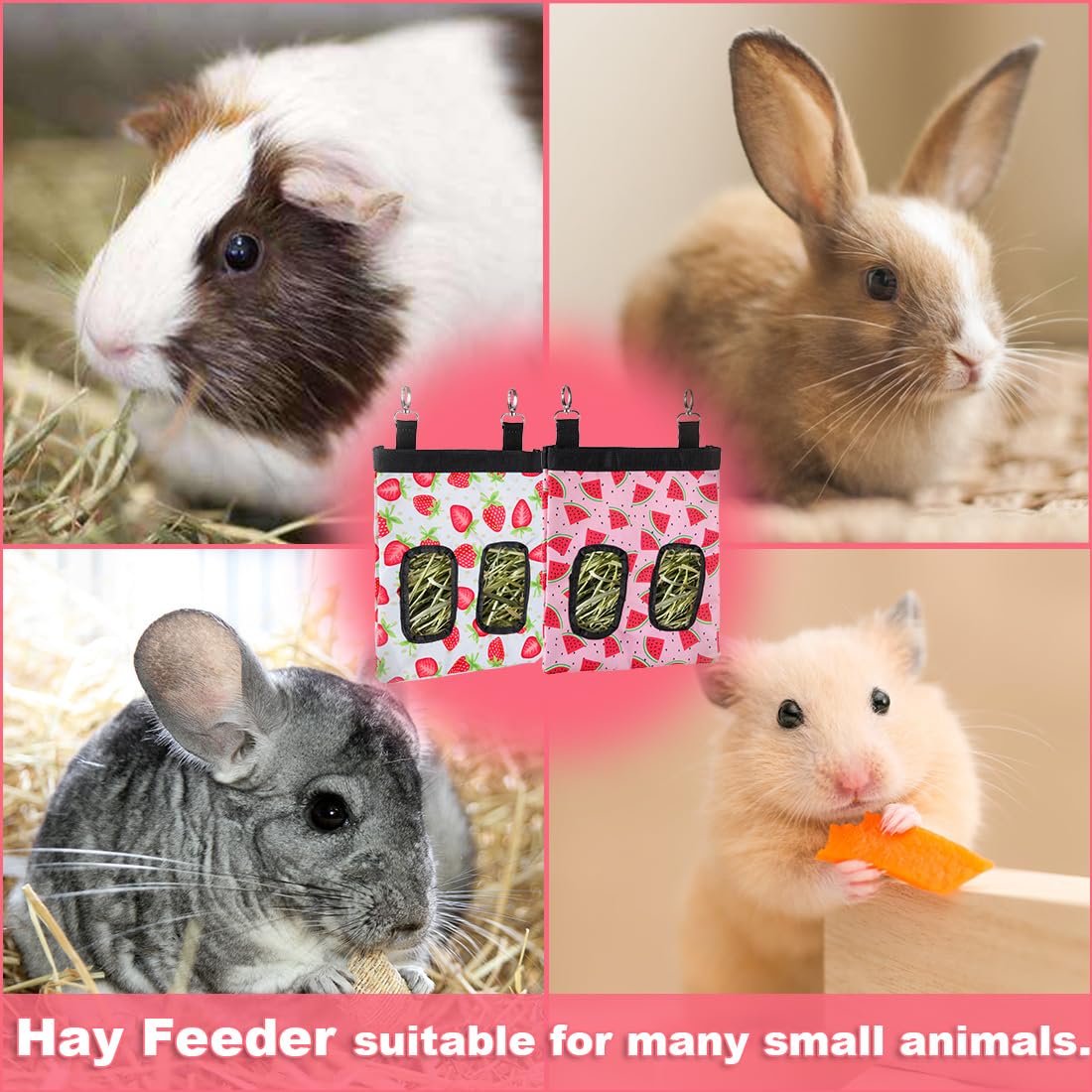 DZWLKJ Guinea Pig Hay Feeder, 2 Pack, 11 x 9 x 1 Inches, Rabbit Hay Feeder Bag, Stainless Steel, 600D Oxford, Watermelon and Strawberry