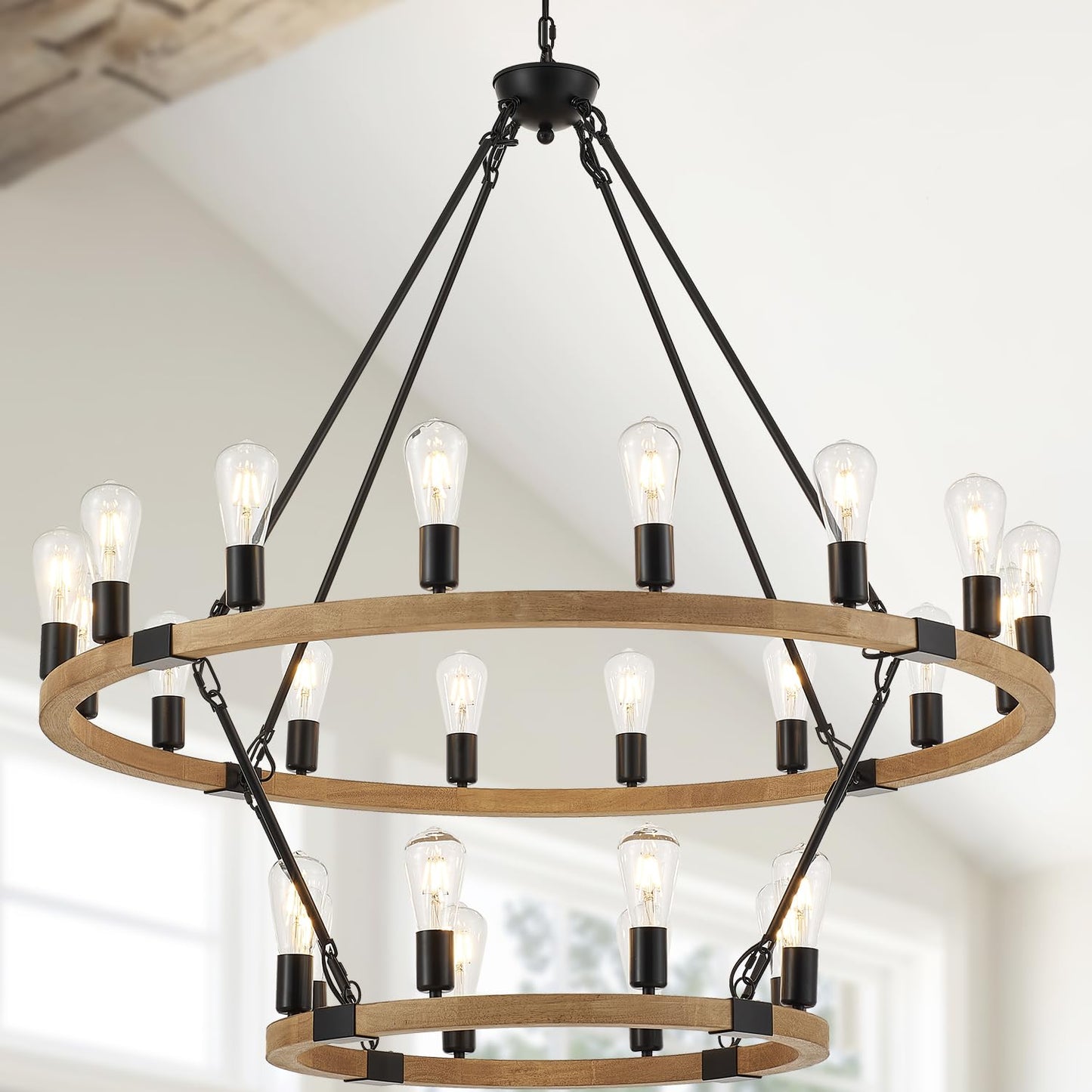 brfaixla 2-Tiers Natural Wagon Wheel Wood Chandelier Farmhouse 24-Light(16+8) 43.34’’, Black Metal Chandeliers 2-Story Rustic Light Fixtures for High Ceiling Living Dining Room Foyer