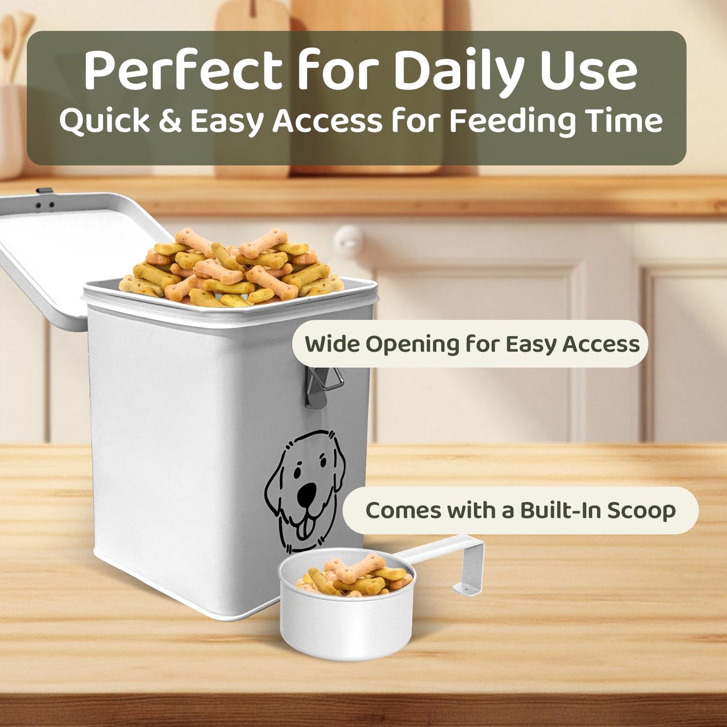 HHGFCLTRS Dog Food Storage Container Airtight Dog Treat Container Pet Food Storage Containers Dog Treat Jar Tinplate Dog Treat Bin White